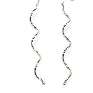 Earrings Long Corkscrew Dangle Sterling Silver Ear Studs with Ball End 3620