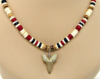 20" XL Fossil Shark Tooth OBX Necklace Great Sharks Teeth 8mm Dia. Coconut Bead Sup Surfer Hawaiian Beach Jewelry 7043