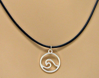 Silver Ocean Wave Necklace Pendant on Black Silicone Cord Minimal Surfer SUP Beach Jewelry Choose Length 9002-41
