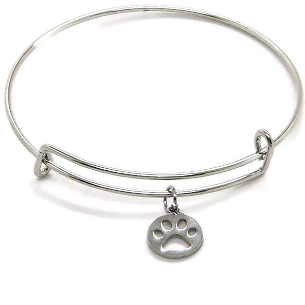 Paw Print Cut Out Disc Silver Tone Wire Bangle Charm Bracelet Adjustable Stacking Style 601-17 Customize Initial or Birthstone