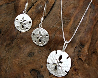 Sand Dollar Set Sterling Silver Beach Charm Pendant Necklace and Ear Wire Earrings 2014 - 3574