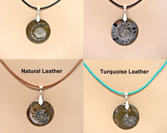 Ammonite Fossil Pendant Leather Necklace Choice of Color and Length 7100