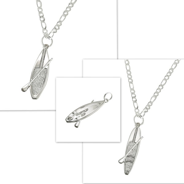 SUP Pendant or Necklace 925 Sterling Silver Jewelry Stand Up Paddle Board Tri Fin Wave Rider or Racer Shape Sports