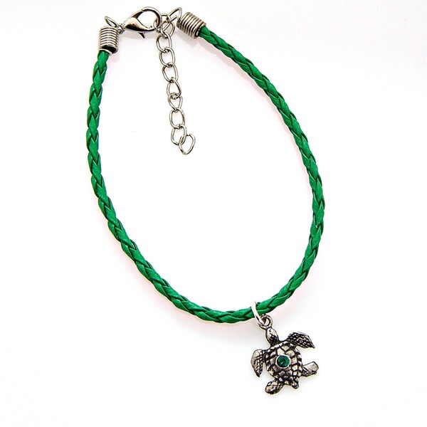 Bracelet Anklet Adjustable Sea Turtle Emerald Green Crystal Pewter Braided Vegan Leather Beach Animal 1000-12