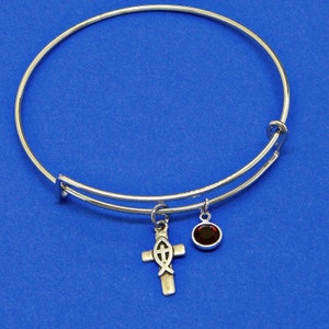 Birthstone and Cross Christian Fish Sterling Silver Charm Adult or Child Bangle Charm Bracelet with Crystal 601 - 3589