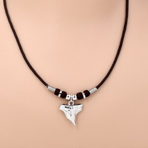 Silver Shark Tooth Necklace 14&quot; to 19&quot; on Beaded Brown Cord Surfer SUP 9014-06