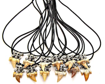 Wholesale 12 Pcs Fossil Sharks Teeth Skull and Crossbones Necklaces 19-20.5 Inch Length Surfer Shark Tooth 9002M-08