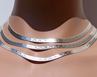 Dolphins Necklace, Flex Herringbone Sterling Silver Bi Color Chain, Reversible to Plain, 3 Lengths, Style 181