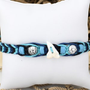 Shark Tooth Bracelet Adjustable Braided Black and Blue Macramé Cord, Coconut and Silver Beads 6293-11
