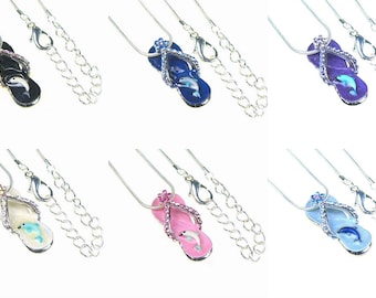 ドルフィンフリップフロップエポキシカラークリスタルシルバーメッキサンダルチャームペンダントネックレス1406