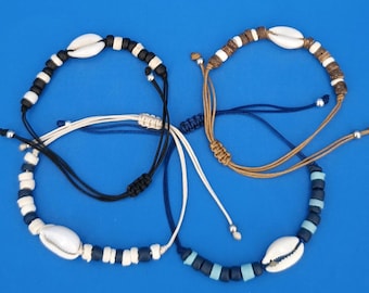 Beaded Cowrie Shell String Bracelet or Anklet, Adjustable Cord 6289