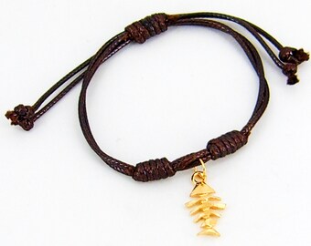 Bracelet Adjustable Gold Plated Fish Bones Charm Silky Brown Slide Tie Cord 1002 GP Fish Bones