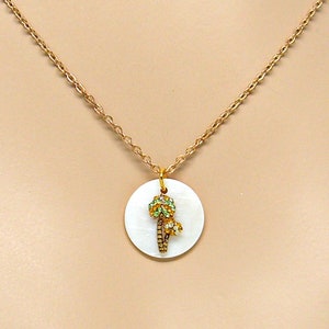 Palm Tree with Crystals Mother of Pearl Sea Shell Disc Gold Plated Necklace 1506 GP