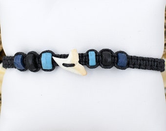 Shark Tooth Bracelet Adjustable Braided Macramé Cord Blue Black Beads 6293-5
