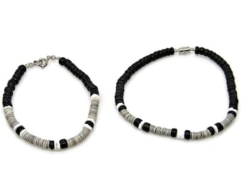 Anklet or Bracelet  Black Coconut, Heishi and Puka Shell Beads Hawaiian Surfer SUP 5209 6267
