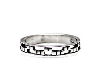 Bricks Band Ring Sterling Silver Mens Womans Stackable Finger Ring R27