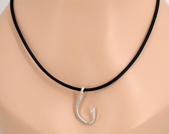 Fish Hook Hope Necklace, 3D Pendant, 3mm Black or Brown Leather Cord, Choice of Lengths 9009-315