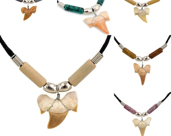 Fossil Shark Tooth Necklace Choice of 8 Lengths Braided Cord Surfer Style Ceramic Tube Beads Metal Findings Grade A Sharks Teeth USA 7205