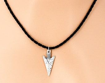Silver Arrowhead Pendant Necklace 14" to 30" Faux Braided Leather Southwest 9000-324