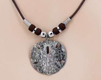 Sand Dollar Necklace Brown Cord Brown and Silver Beads Beach 14 to 19 Inches 9014-LGSD