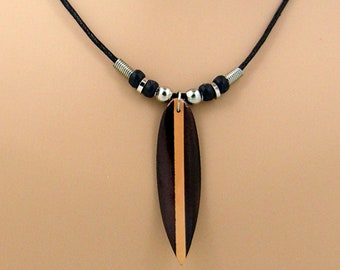 Necklace Wood Surfboard on a 19" Black Cord with Silver and Black Beads, Surfer SUP 7049