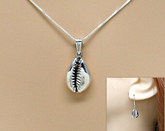 Set Cowrie Sea Shell Necklace and Earrings Sterling Silver Cowry Beach Charm 1846 - 3605