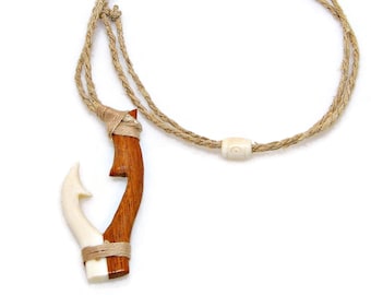 Fish Hook Necklace with Hand Carved Bone and Wood on Adjustable Braided Jute Cord 7074