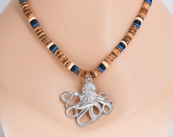 Octopus Pendant Necklace 20" 8mm Brown Blue Black Coconut Beads 7040-302