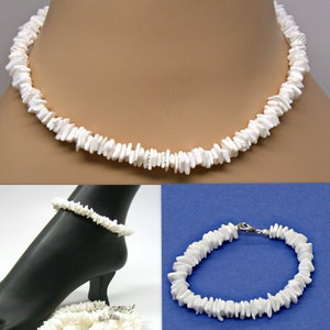 Puka Seashell Necklace, Choker, Anklet or Bracelet White Square Cut Chip Seashells Hawaiian Beach Surfer SUP Youth to Adult