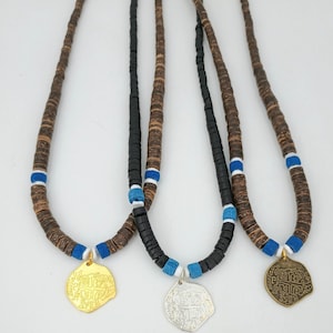 Silver Pirate Doubloon Replica Piece of Eight Necklace 18, 21, 24-inch Lengths Black or Brown Graduated Coconut, Puka Shell, Blue Beads