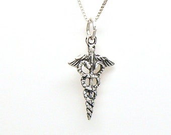 Caduceus Winged Medical Symbol Sterling Silver 3D Charm Pendant or Necklace 2073