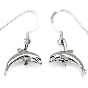 Dolphin Earrings Sterling Silver 3 Dimensional Dangle Ear Wires Beach 1884 EW