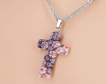Millefiori Cross Necklace, Silver Stainless Steel Cable Chain, 15 - 23.5 Inches  9029-MF-CROSS-16