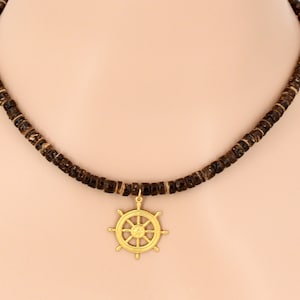 Brass Ship&#39;s Wheel Pendant Necklace 4-5mm Brown Coconut Beads Choice of Length Nautical Beach Jewelry 7053-3285