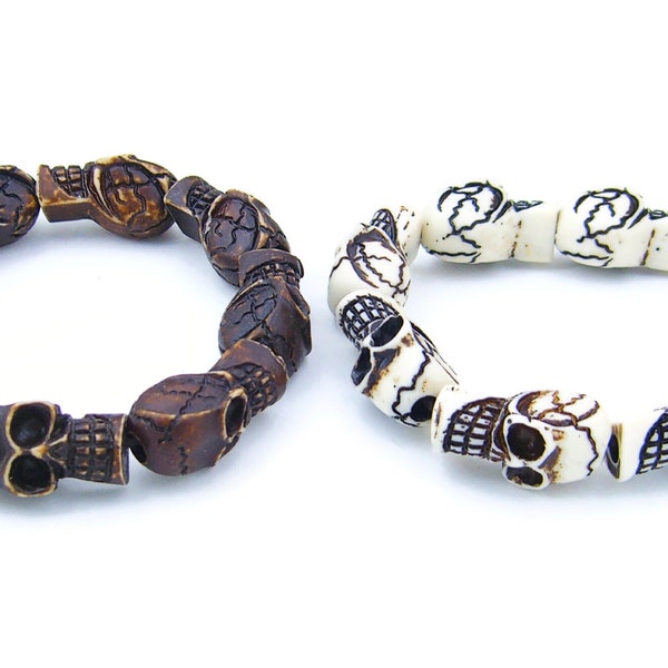 Skull Beads Stretch Bracelet or Anklet, Large Adult Bracelet, Resin Skulls, Brown or White, Goth Steam Punk Halloween 6278