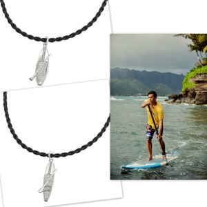 SUP Pendant Charm Sterling Silver Jewelry Faux Braided Leather Necklace Stand Up Paddle Board Tri Fin 2 Models