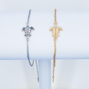 Sea Turtle Bracelet Anklet, Adjustable Cable Chain, Gold or Silver, 1028-309