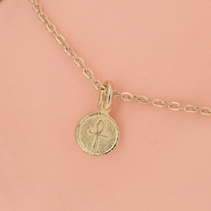 May include: A gold chain necklace with a small oval pendant featuring an ankh symbol.