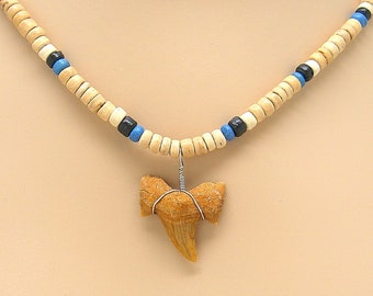 Fossil Shark Tooth Necklace Great Sharks Teeth Coconut Bead SUP Surfer Hawaiian Beach Jewelry 7038M - LA