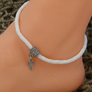 Cross Puka Shell Anklet, Adjustable, White 3-4mm Shell Beads, 9&quot; to 12&quot; Hawaiian Surfer Beach Sea Shell Religious 5235-28