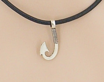 Fish Hook Necklace 3D Pendant 3mm Black or Brown Leather Cord Jewelry Choice of 16-18-20-22-24-30 inch Lengths 9009-89