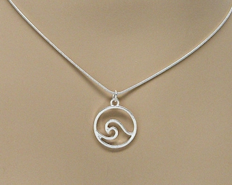 Silver Ocean Wave Necklace Pendant on a Snake Chain, Choice of Lengths, Minimal Surfer SUP Beach Jewelry 41-SNK