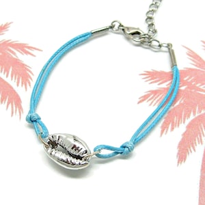 Silver Cowrie Sea Shell Bracelet Adjustable Cord String 7.25 to 9 Inches Sea Shell Beach Boho Choice of Black or Blue 1004-48