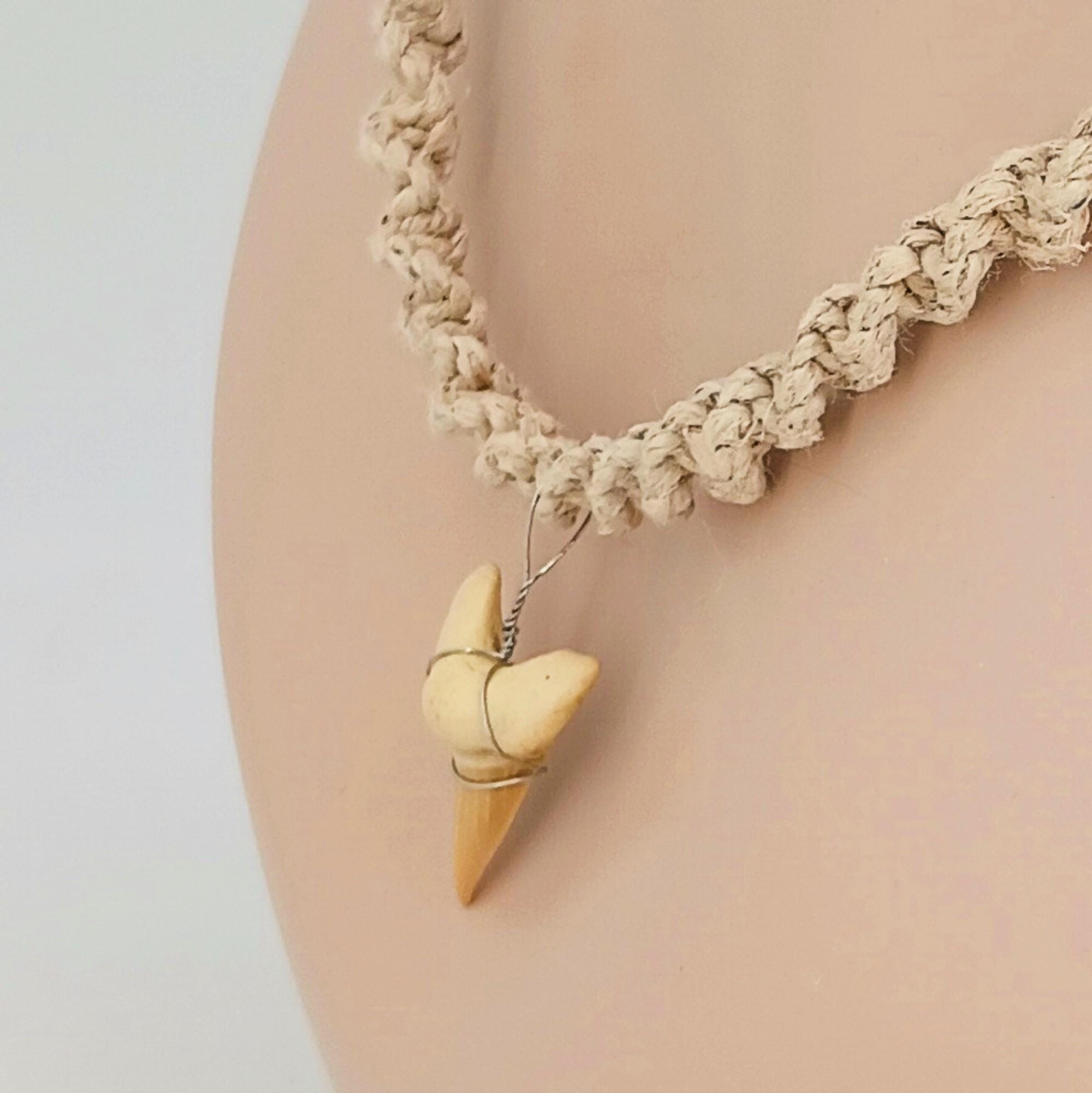 Lg Fossil Shark Tooth Necklace Hemp Twisted Macrame Braided Cord H