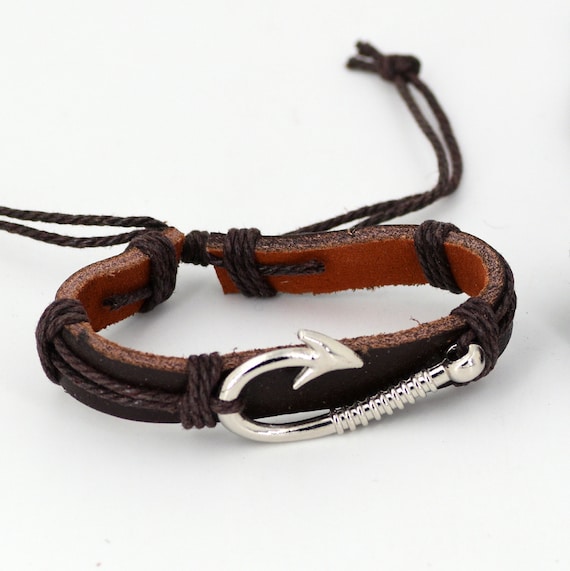 Buy Fish Hook Bracelet Adjustable Brown or Black Leather 6280