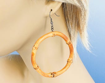 Bamboo Root Hoops, Dangle Earrings, Ear Wires, Pair