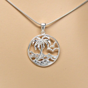 Sterling Silver Beach Scene Palm Tree Island Pendant Charm or Necklace 1999
