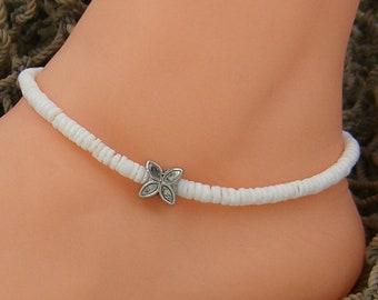 Plumeria Flower Puka Shell Anklet, Adjustable, White 3-4mm Shell Beads, 9" to 12" Hawaiian Surfer Beach Sea Shell 5235-32