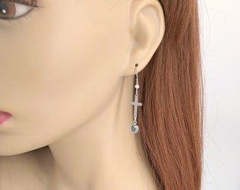 Cross Birthstone Silver Earrings Jewelry Ear Wires with Pearl 322EW-40CH