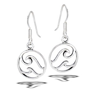 May include: Sterling silver earrings with a circular design featuring two wave cutouts.